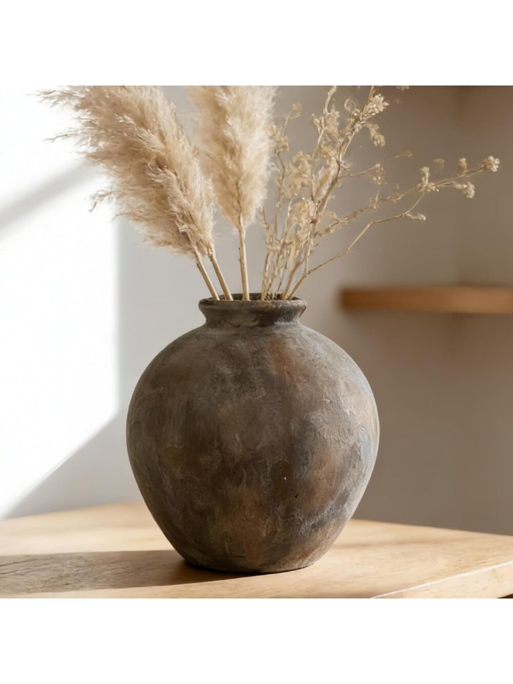 Handmade Rustic Farmhouse Ceramic Vase, 7.9 Inch Decorative Home Accent, Brown